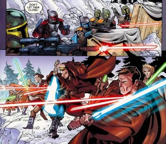 Jango Fett et ses Mandaloriens faisant face aux Jedi menés par Dooku.