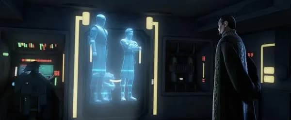 Les Maîtres Jedi Obi-Wan Kenobi, Mace Windu et Yoda sollicitant les services de Bail Organa.