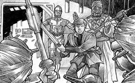 C-3PO et Luke Skywalker face à des Hommes des Sables à bord de l'Oeil de Palpatine. 