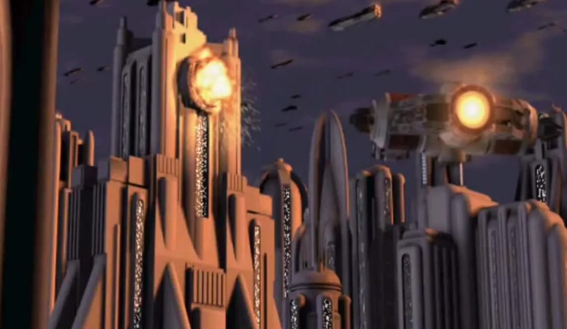 Une canonnière fait exploser le symbole de l'Empire sur un bâtiment