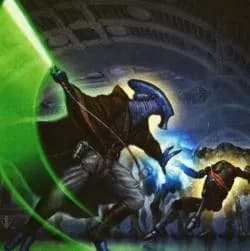 Un Jedi Selkath effectuant un coup en projection