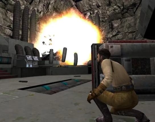 Kyle Katarn faisant exploser l'ordinateur de contrôle de la mine.