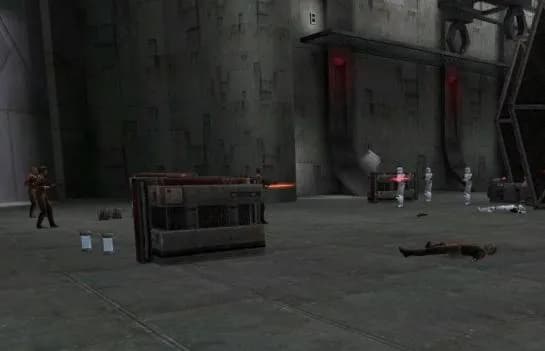 Echange de tirs entre les impériaux et les prisonniers dans le hangar d'arrimage de la prison d'Artus.