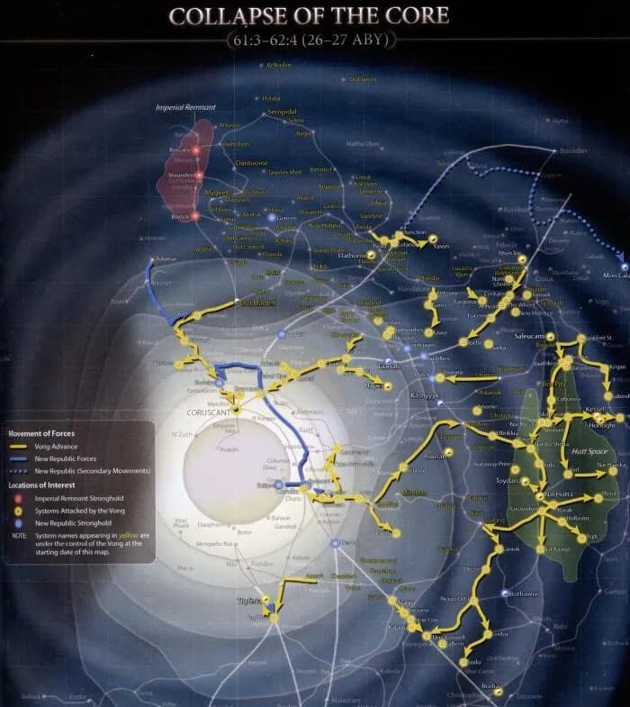 Carte des opérations jusqu'à la prise de Coruscant et la bataille de Borleias