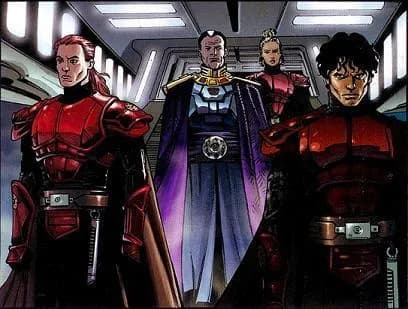 L'Empereur Roan Fel, entouré de ses Imperial Knights à son arrivée sur Bastion