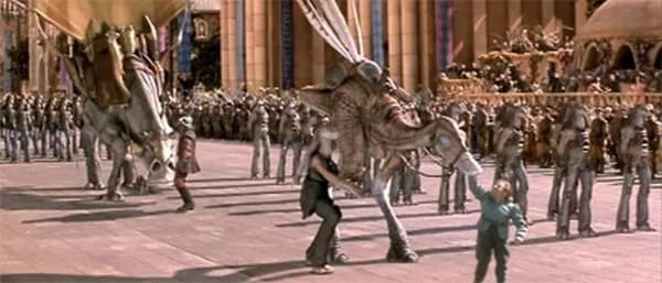 Dams Denna aide le Général Jar Jar Binks à descendre de son Kaadu.