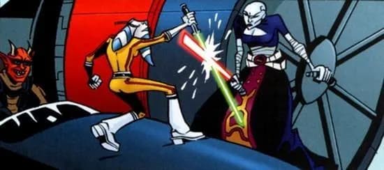 Maxus assiste à un duel entre Ventress et Tano aux commandes de son Podracer. 