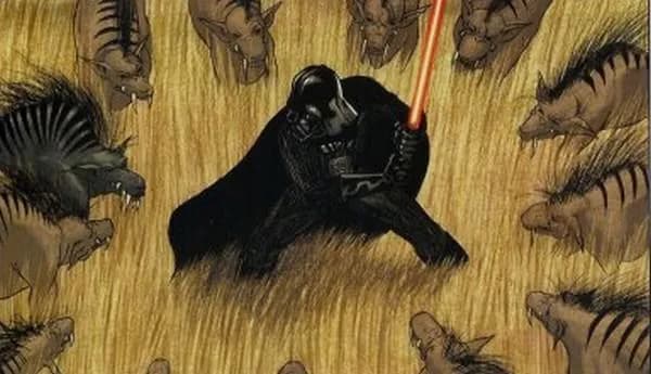 Le Seigneur Noir Darth Vader encerclé par une meute de Hyenax.