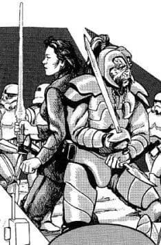 Une Jedi et un Coynite combattent des Stormtroopers