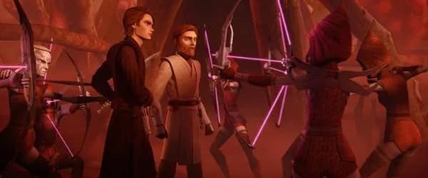 Anakin Skywalker et Obi-Wan Kenobi encerclés par les Sœurs de la Nuit. 
