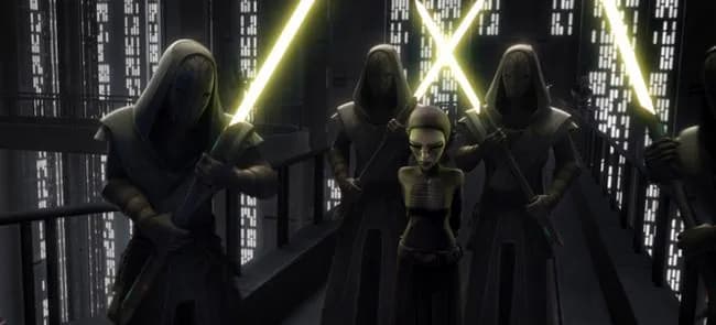 La Jedi Déchue Barriss Offee entourée de Gardes du Temple Jedi.