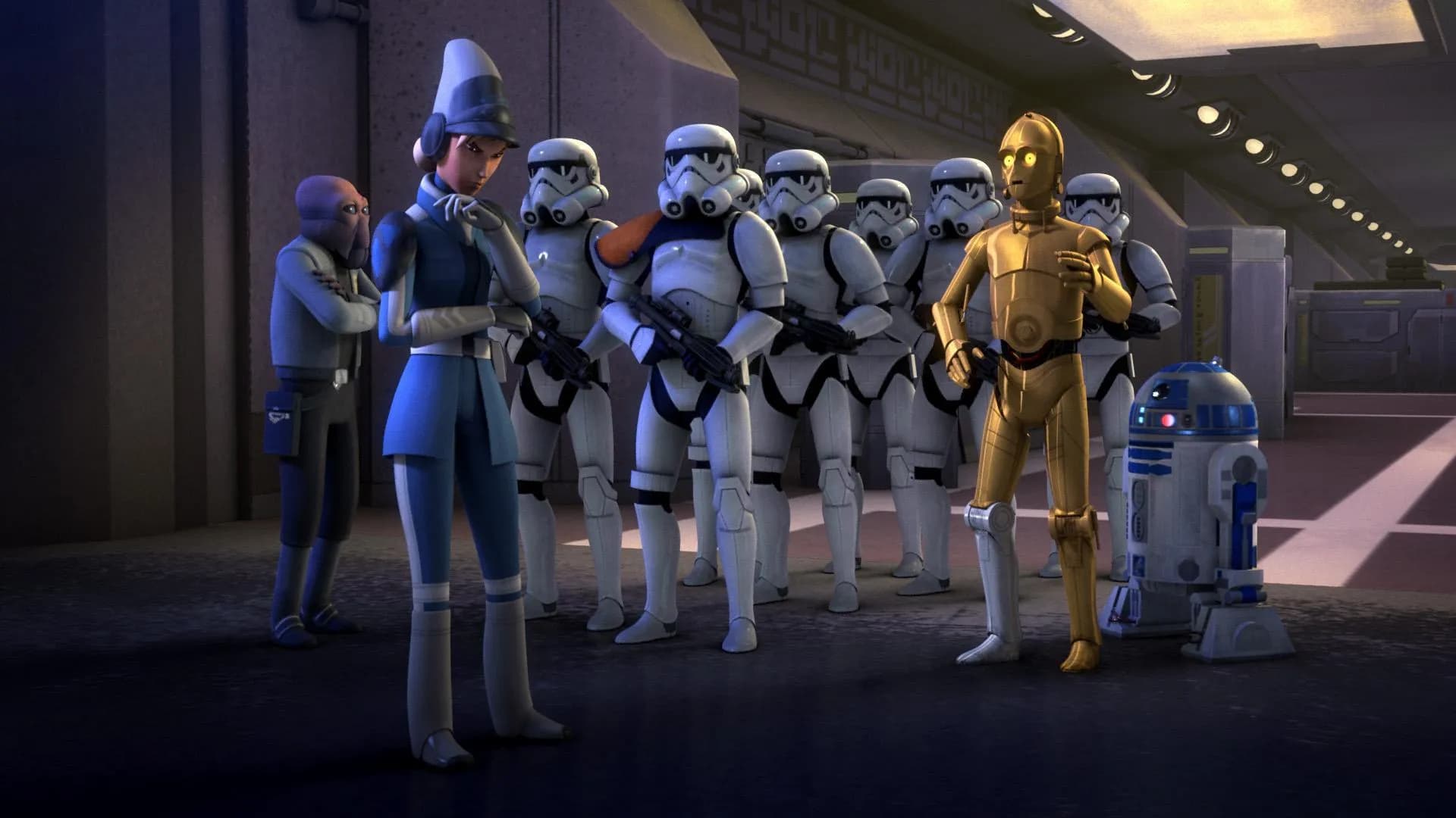 Maketh Tua, C-3PO, R2-D2, Amda Wabo et une escouade de Stormtroopers