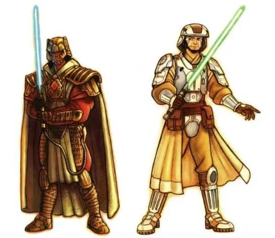 Différentes armures Jedi (à gauche une armure antique et à droite une armure moderne)