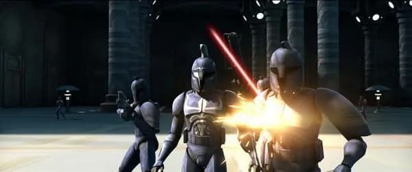 Des Commandos du Sénat en faction sur l'aire d'atterrissage est du Sénat Galactique. 
