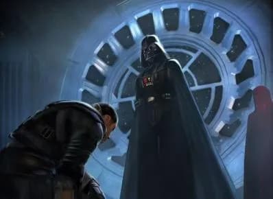 Un Garde Impérial dans l'ombre de Vader alors qu'il reçoit son Apprenti Secret