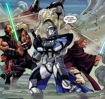 Alpha-17 entouré par les Maîtres Glaive et Obi-Wan Kenobi.