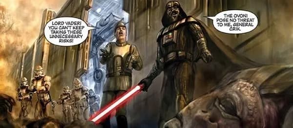 Le Général Crik aux côtés du Seigneur Noir de la Sith Darth Vader. 