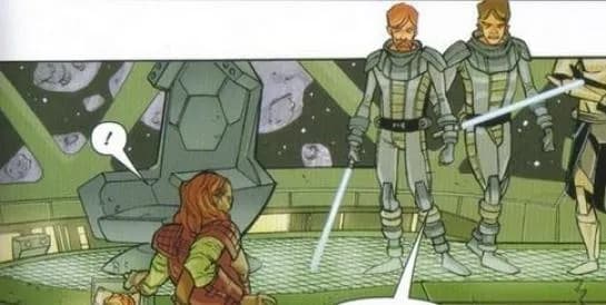 Le Capitaine Onyx face aux Généraux Kenobi et Skywalker sur le pont du Fate's Hand.