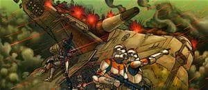 Un LAAT écrasé sur la surface de Sarrish durant la bataille.