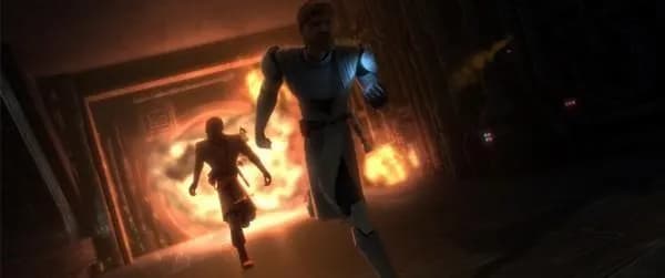 Mace Windu et Obi-Wan Kenobi poursuivis par les flammes dans une coursive  de la Station Black Stall.