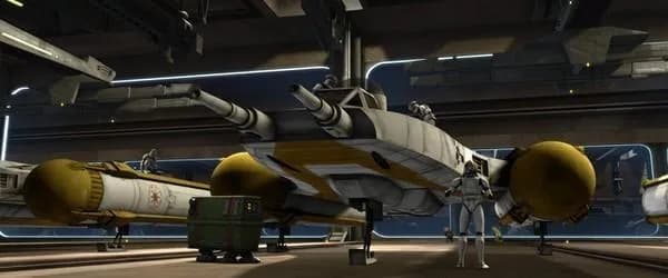 Des Y-Wings BTL-B stationnés dans un hangar du Star Destroyer Venator Resolute. 